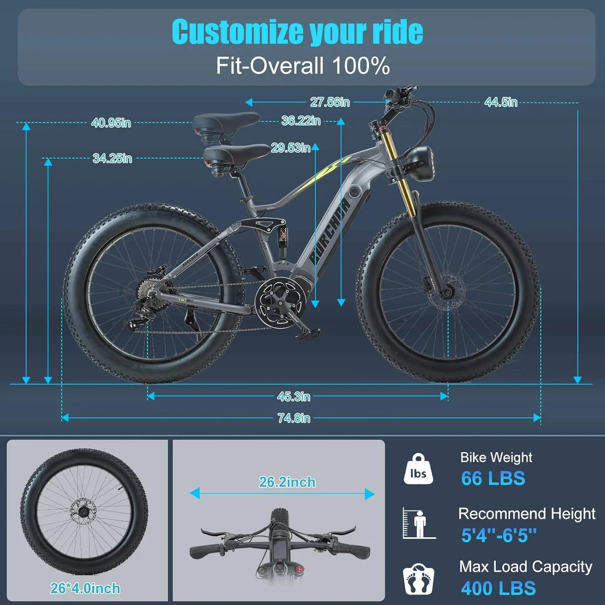 Electric Bike for Adults 26'', 1000W E - Mountain Bike 48V 30/20ah UL2849 Removable Battery, Fat Tire Ebike up to