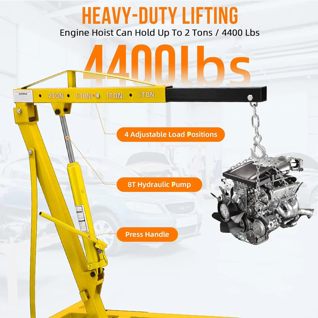 Joankaren 2 Ton Folding Hydraulic Engine Hoist, Heavy - Duty Engine Shop Crane Hoist Lift, Heavy Cherry Picker with 6