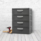 Sterilite 4 Drawer Unit, Durable Plastic Storage Solution for Garages and Basements, Dark Gray