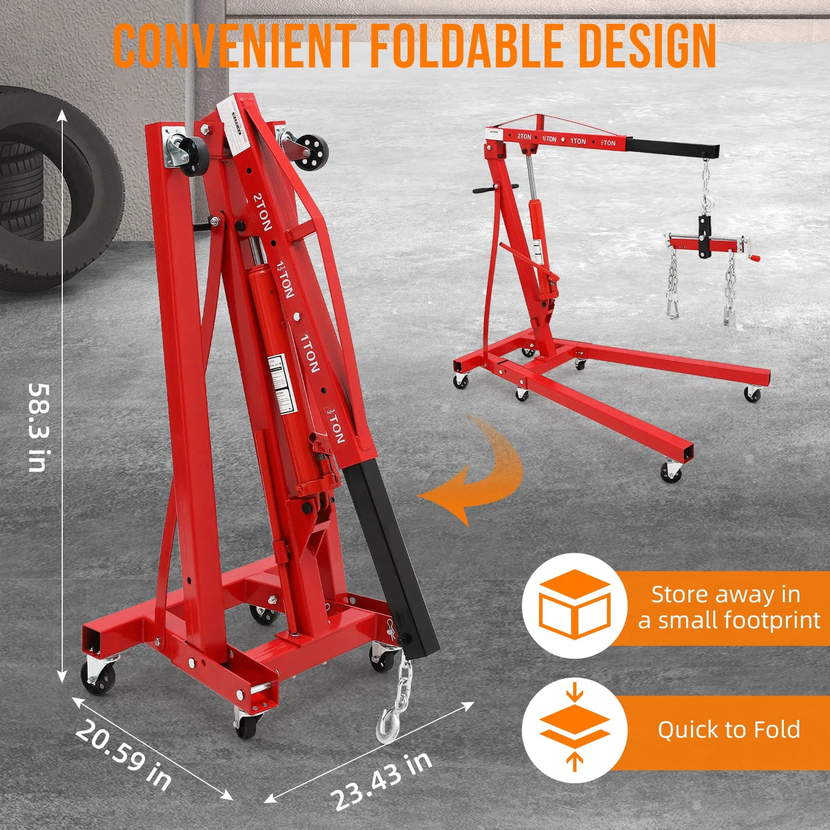 GARVEE 2 Ton Folding Hydraulic Engine Hoist with Lever, Folding Engine Shop Crane Hoist Lift, Heavy Cherry Picker
