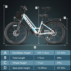 Vivi Electric Bike 26" City Commuter Electric Bike 48V 500W Step - Through Electric Bike 19.8MPH Electric Cruiser