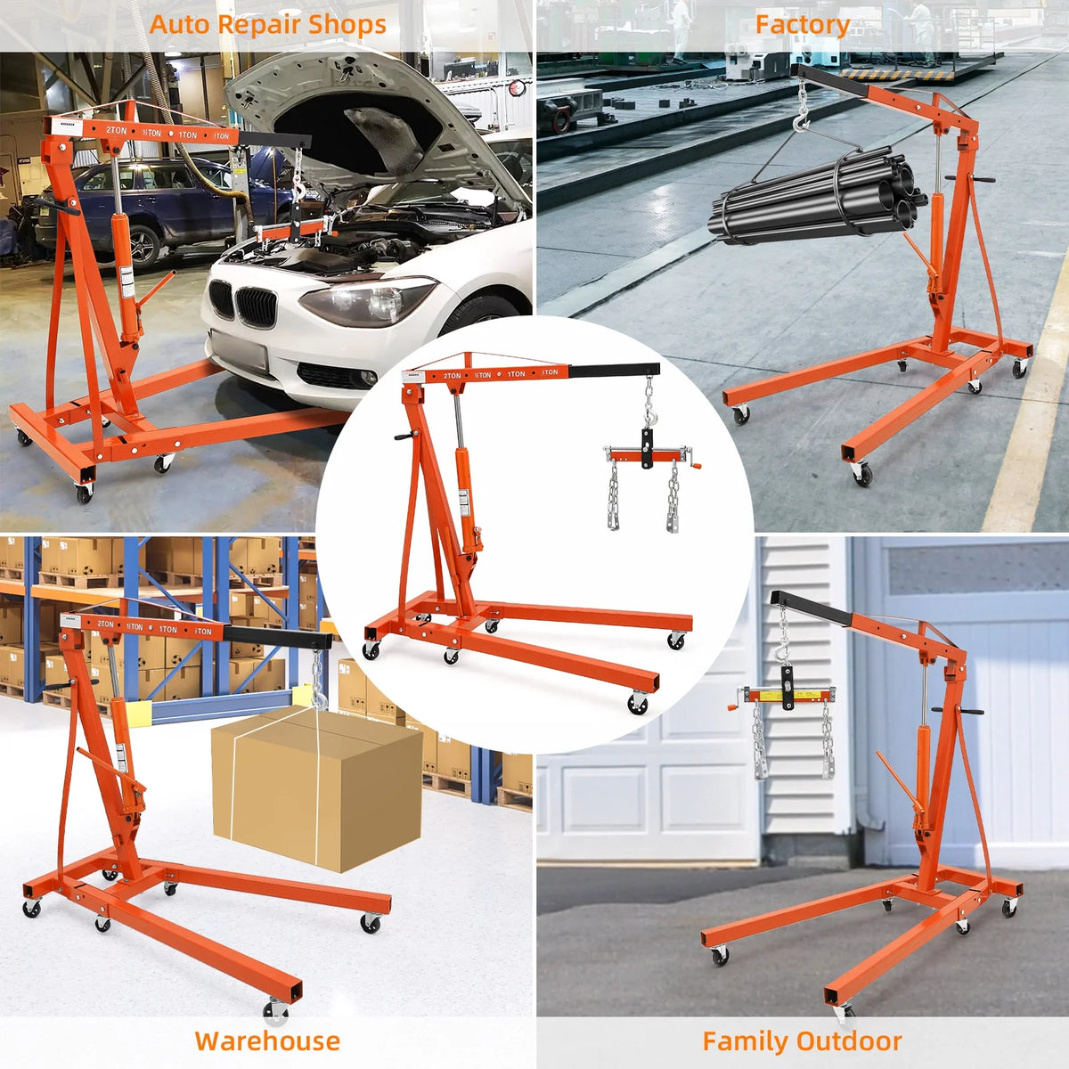 GARVEE 2 Ton Folding Hydraulic Engine Hoist with Lever, Folding Engine Shop Crane Hoist Lift, Heavy Cherry Picker