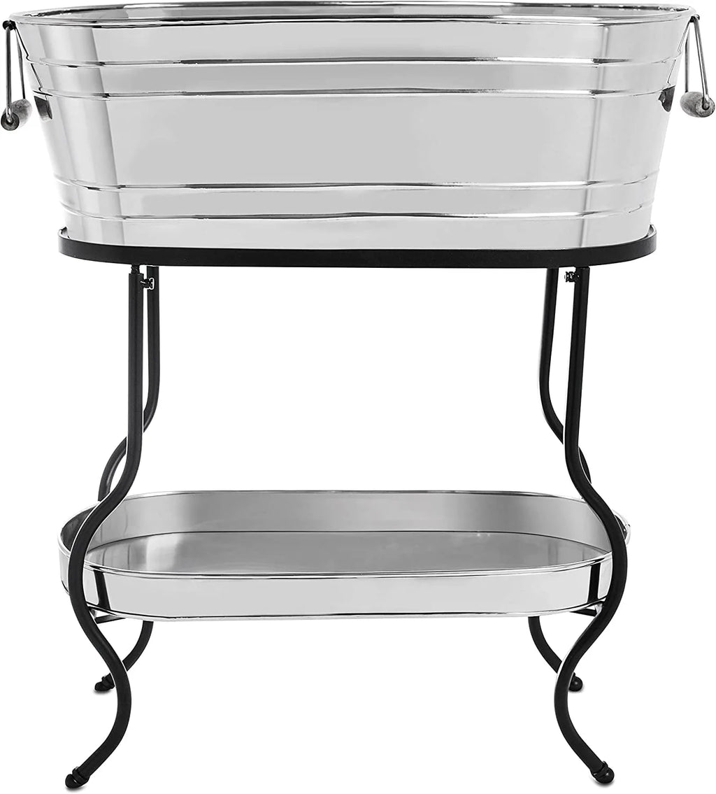 Steel Galvanized Beverage Tub with Stand and Drip Pan Tray - Oval Shape (Large Size) by MG Decor - Madhu Collection