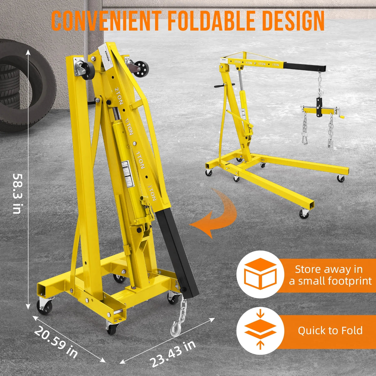 GARVEE 2 Ton Folding Hydraulic Engine Hoist with Lever, Folding Engine Shop Crane Hoist Lift, Heavy Cherry Picker