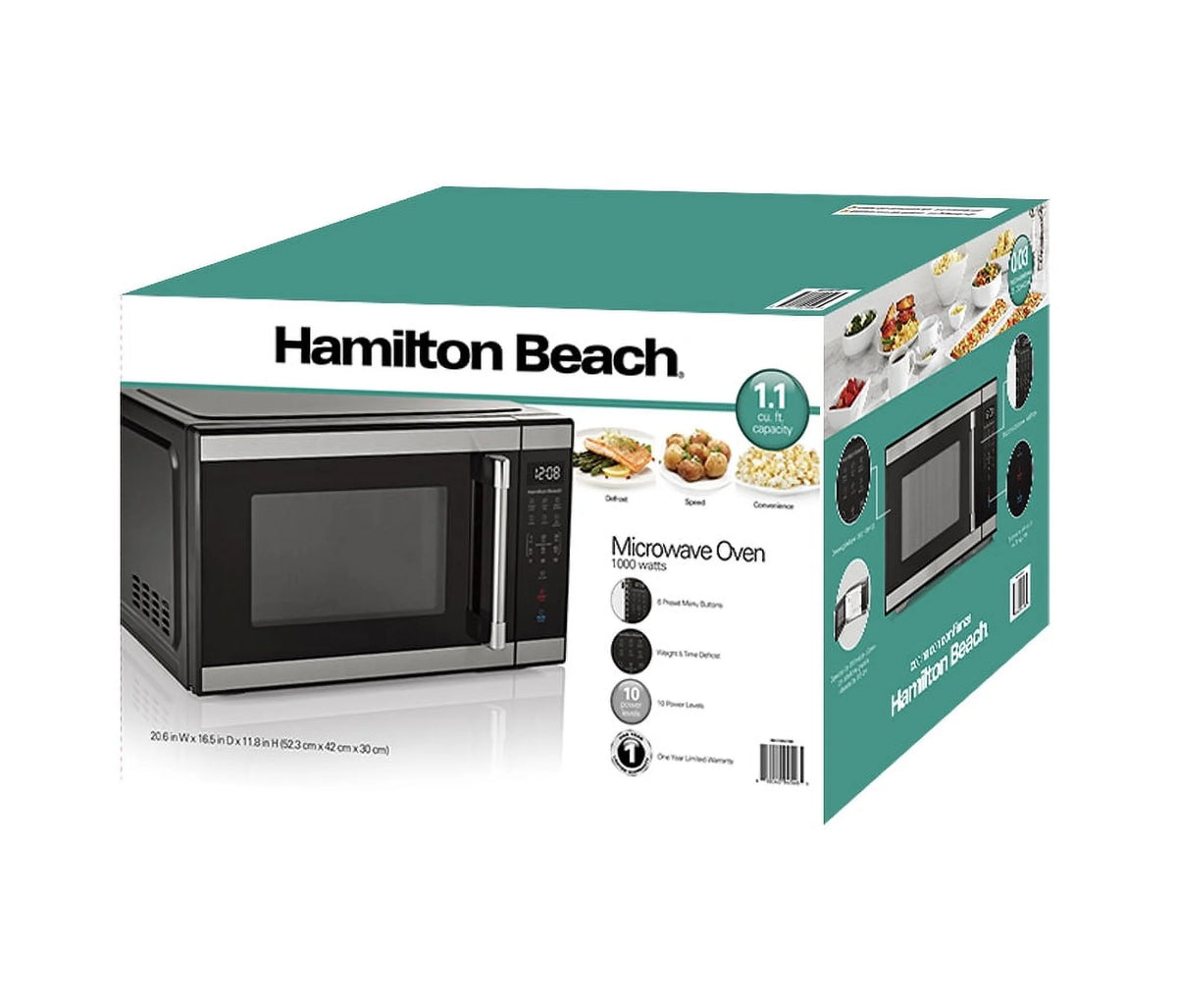 Hamilton Beach 1.1 Cu. Ft. Countertop Microwave Oven, 1000 Watts, White Stainless Steel