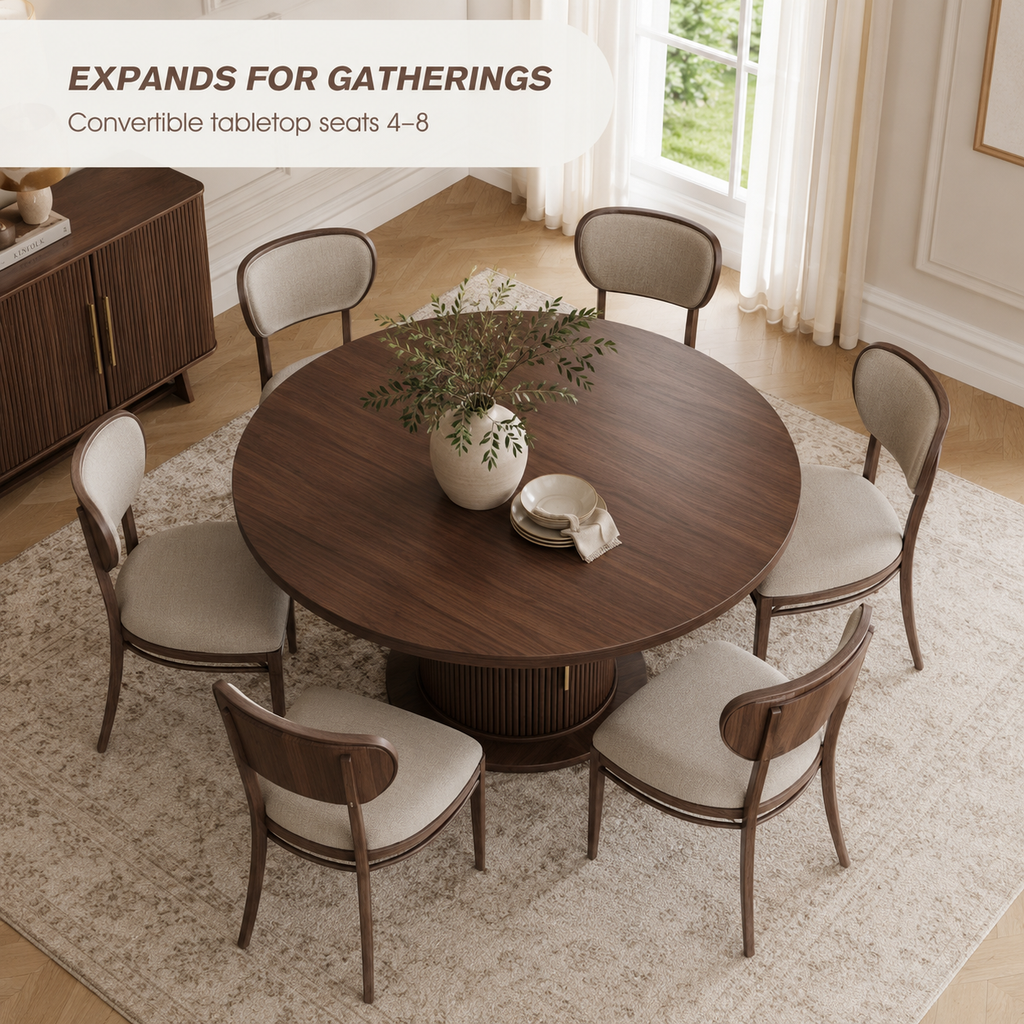Walnut Extendable Round to Oval Dining Table with Storage Pedestal