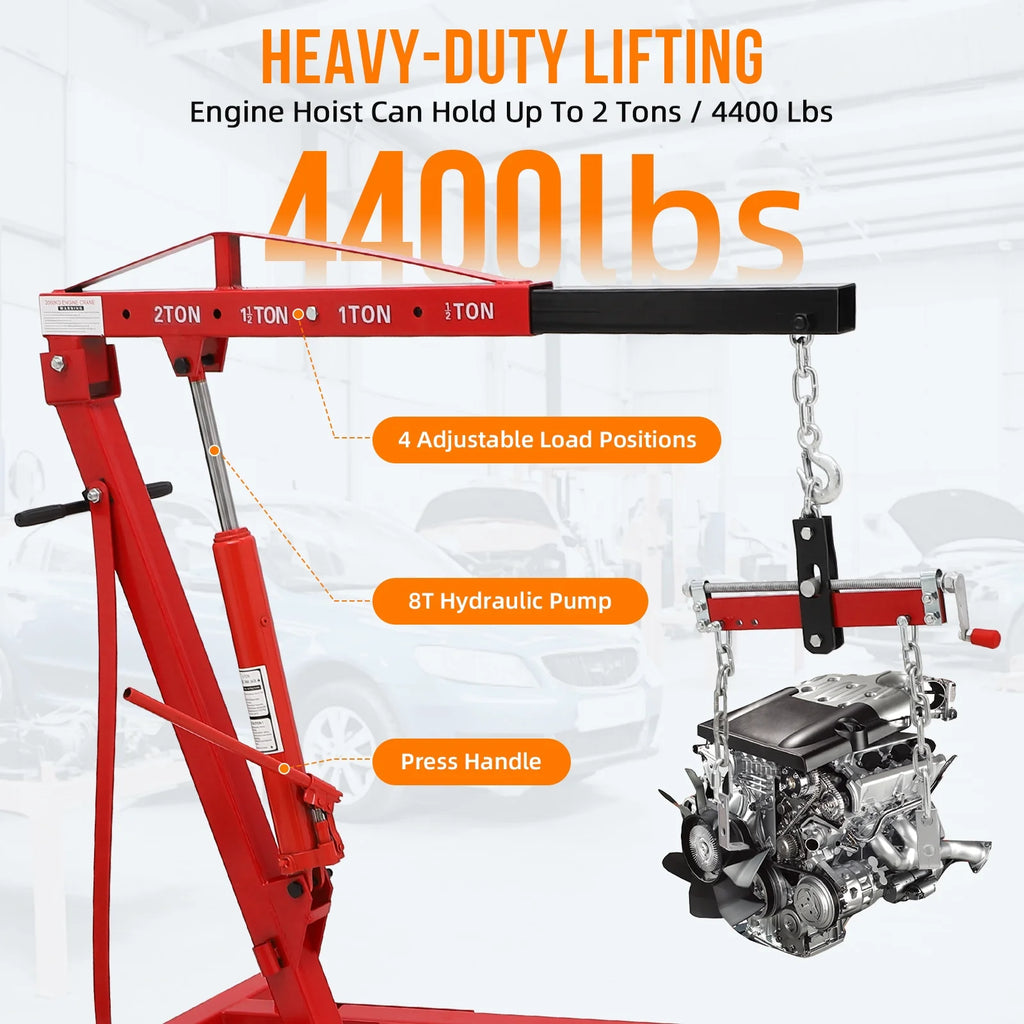 GARVEE 2 Ton Folding Hydraulic Engine Hoist with Lever, Folding Engine Shop Crane Hoist Lift, Heavy Cherry Picker