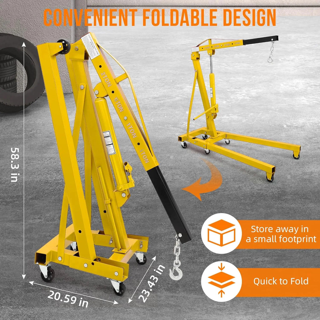 Joankaren 2 Ton Folding Hydraulic Engine Hoist, Heavy - Duty Engine Shop Crane Hoist Lift, Heavy Cherry Picker with 6