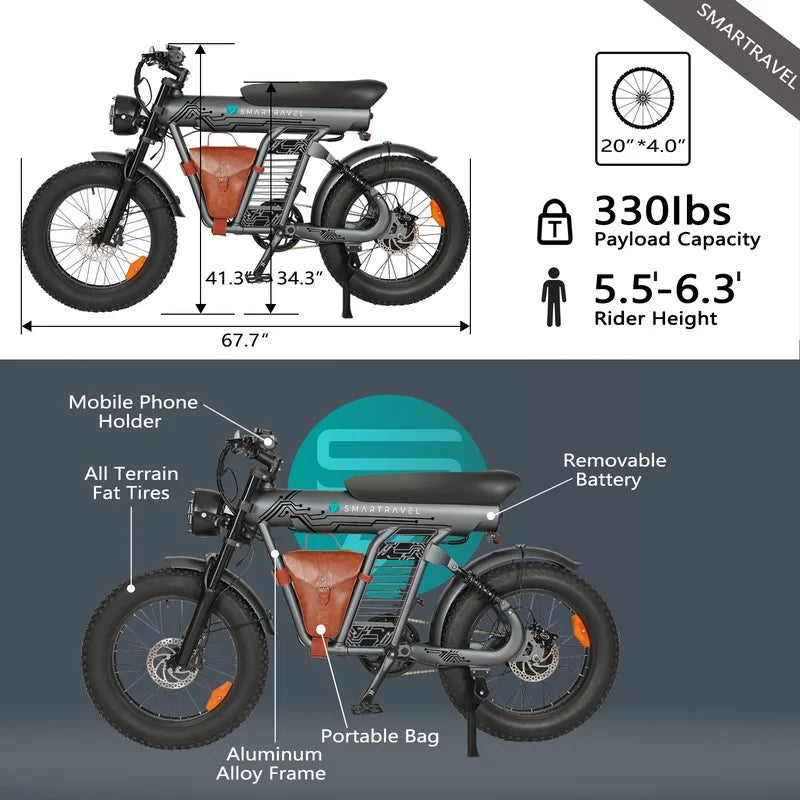 3000W(Peak) Motor 35MPH SMARTRAVEL ST202 Electric Dirt Bike for Adults, 52V50AH Dual Battery Ebike, 92+ Miles Range