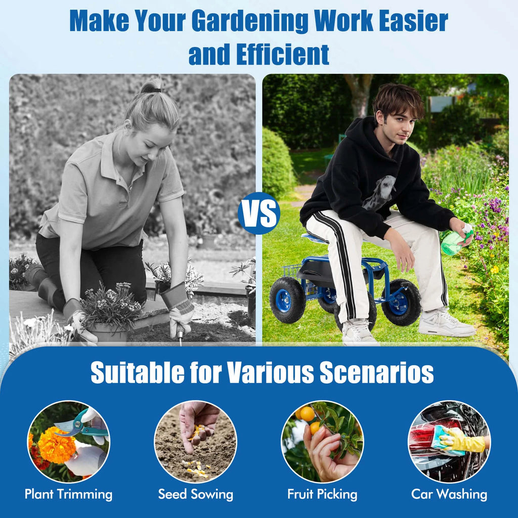 Costway Garden Cart Rolling Work Seat W/ Tool Tray Basket Green