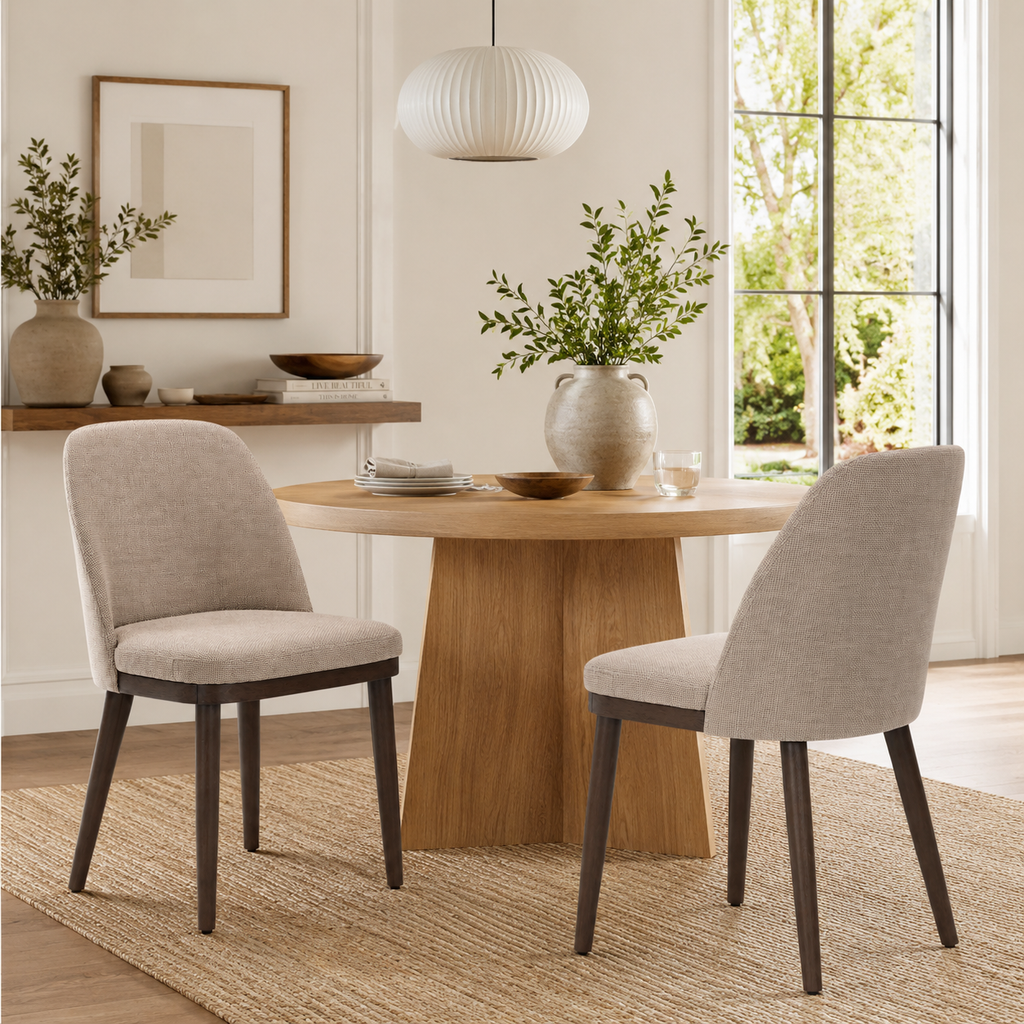 Taupe Upholstered Curved Back Dining Chairs with Solid Wood Legs Set of 2
