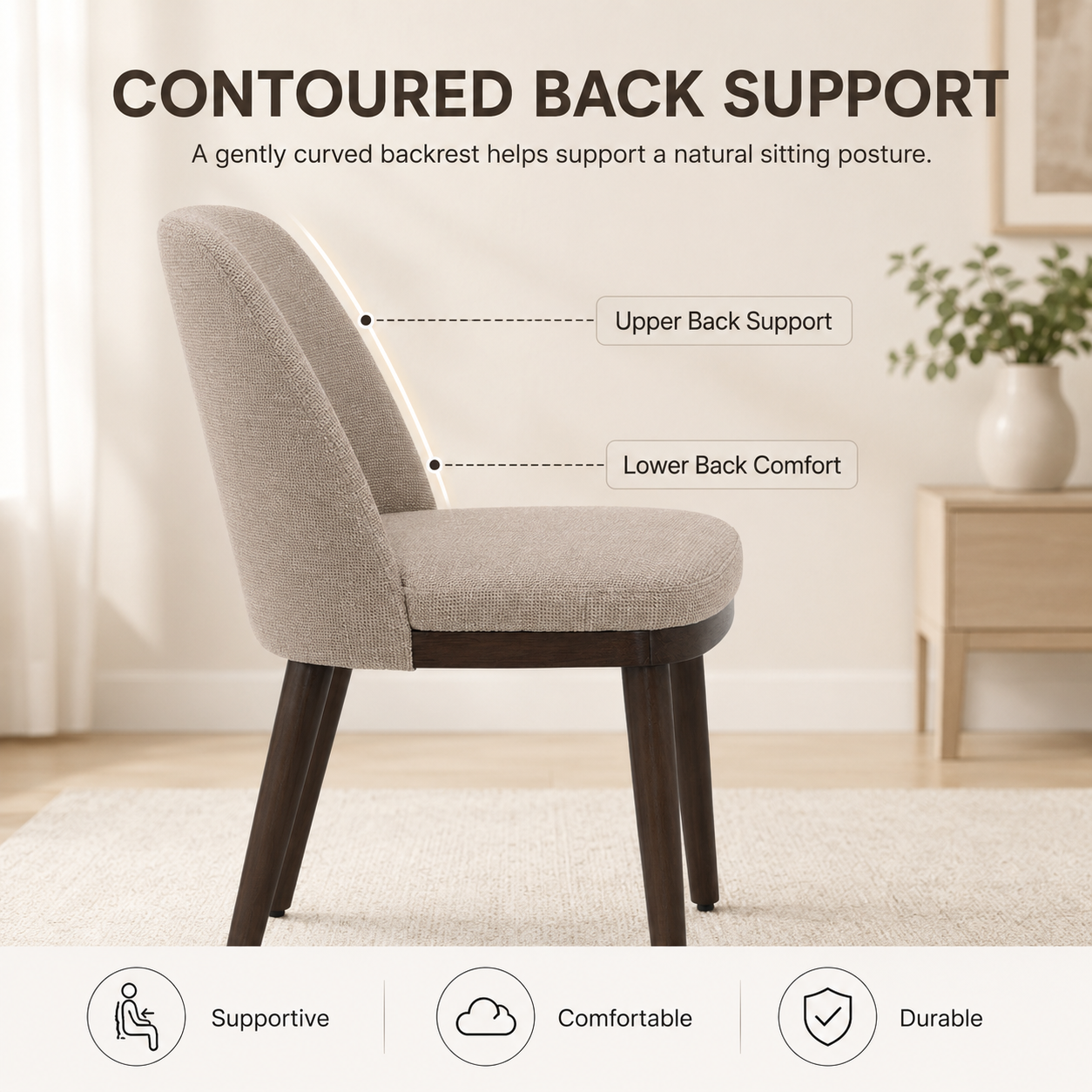 Taupe Upholstered Curved Back Dining Chairs with Solid Wood Legs Set of 2