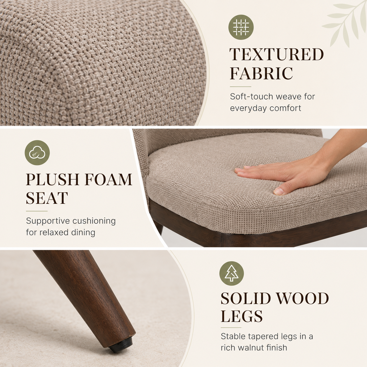 Taupe Upholstered Curved Back Dining Chairs with Solid Wood Legs Set of 2