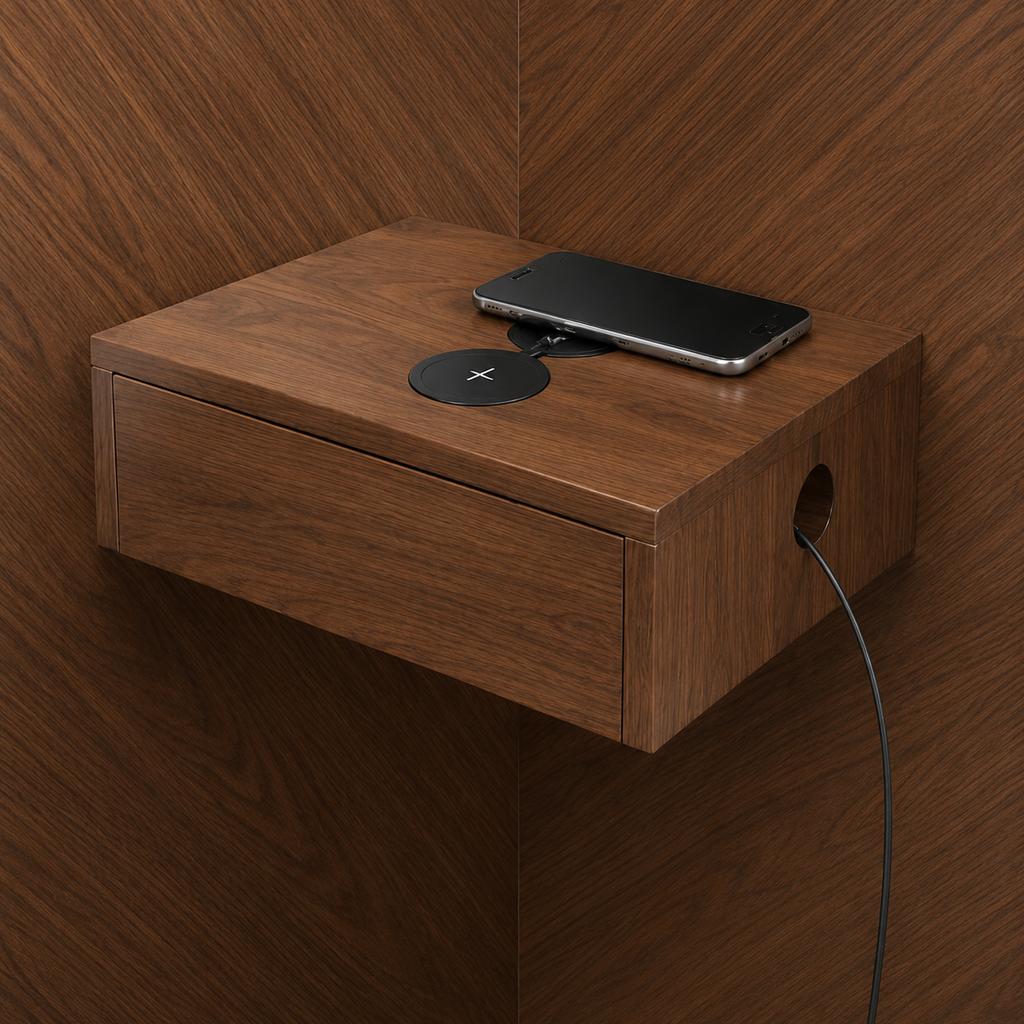 Modern Walnut Platform Bed with Floating Nightstands