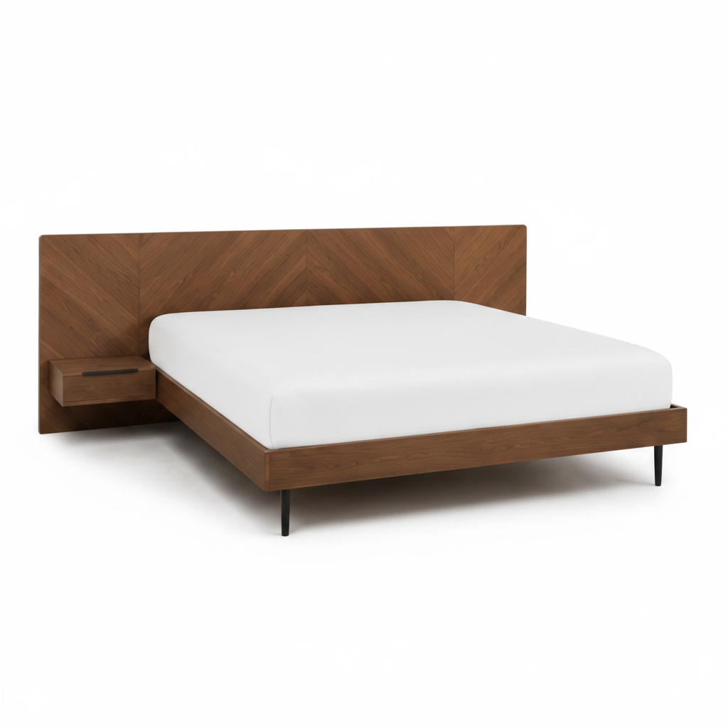 Modern Walnut Platform Bed with Floating Nightstands
