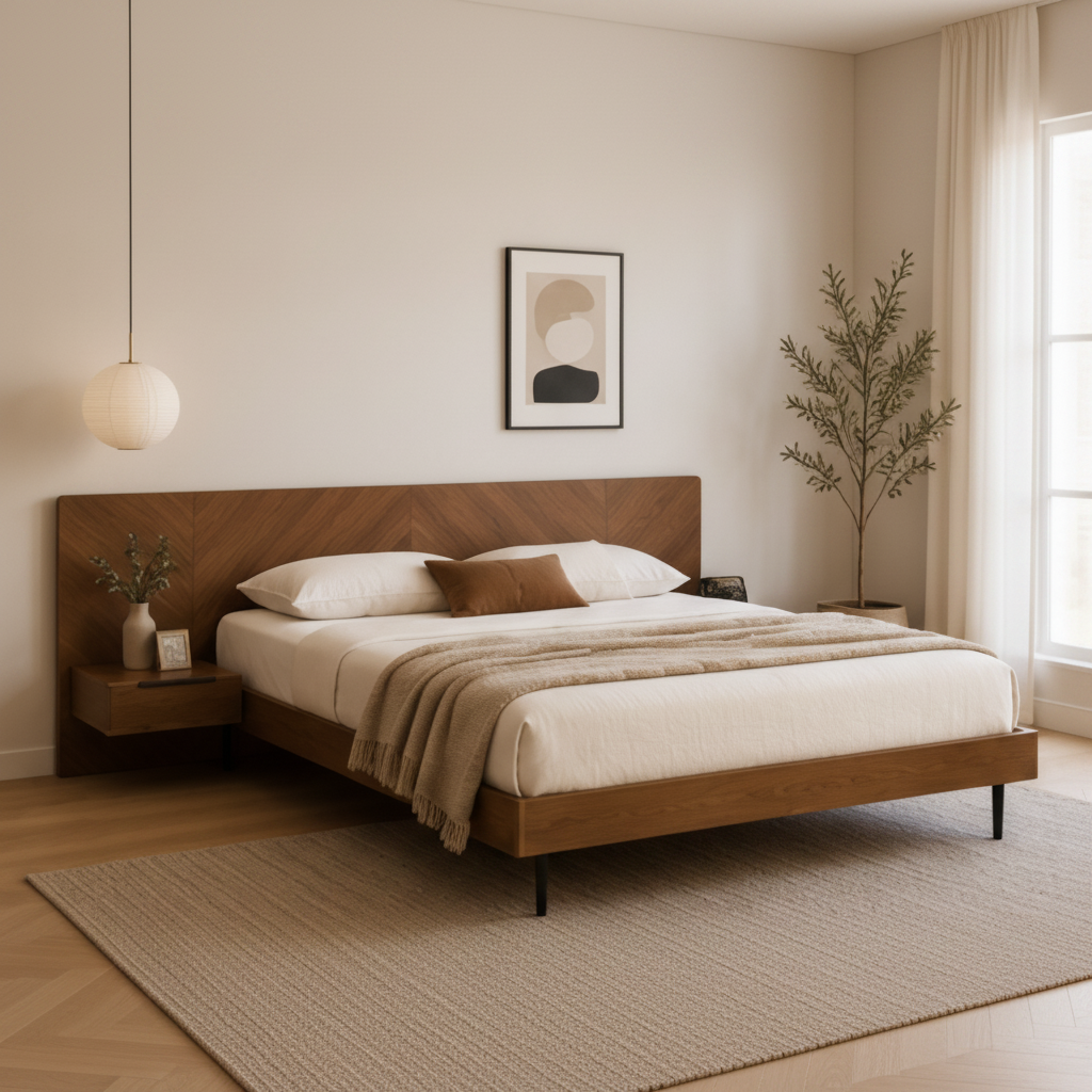 Modern Walnut Platform Bed with Floating Nightstands