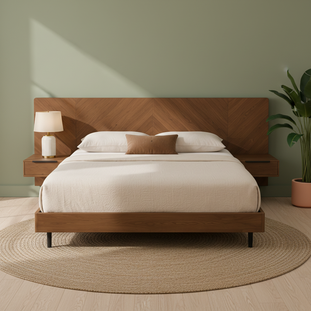 Modern Walnut Platform Bed with Floating Nightstands
