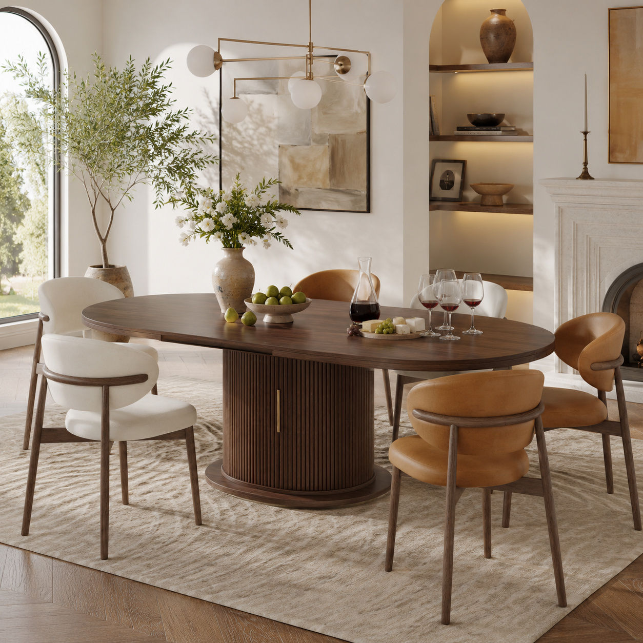 Walnut Extendable Round to Oval Dining Table with Storage Pedestal