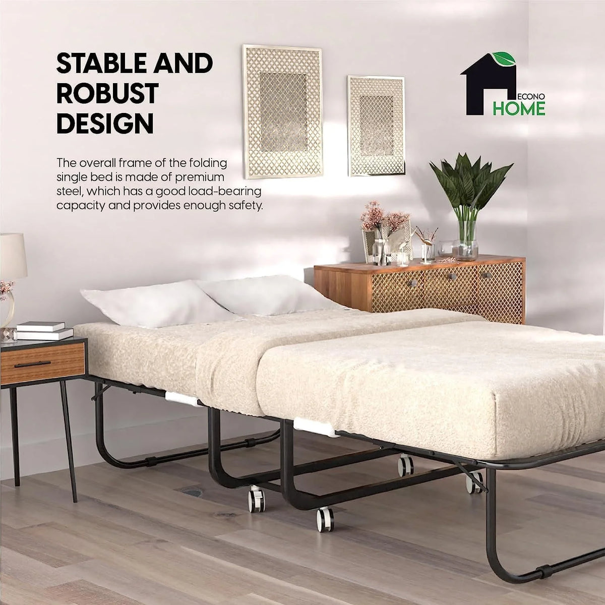 Econohome Folding Bed with Mattress - 75x31 Cot Size Bed Frame - Portable Foldable Roll Away Adult Bed for Guest - 5