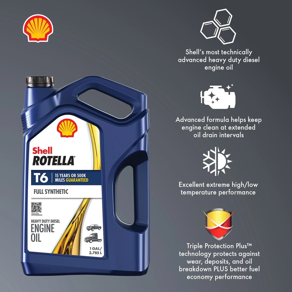 (3 Pack) Shell Rotella T6 Full Synthetic 15W - 40 Motor Oil, 1 Gallon (3 Pack)