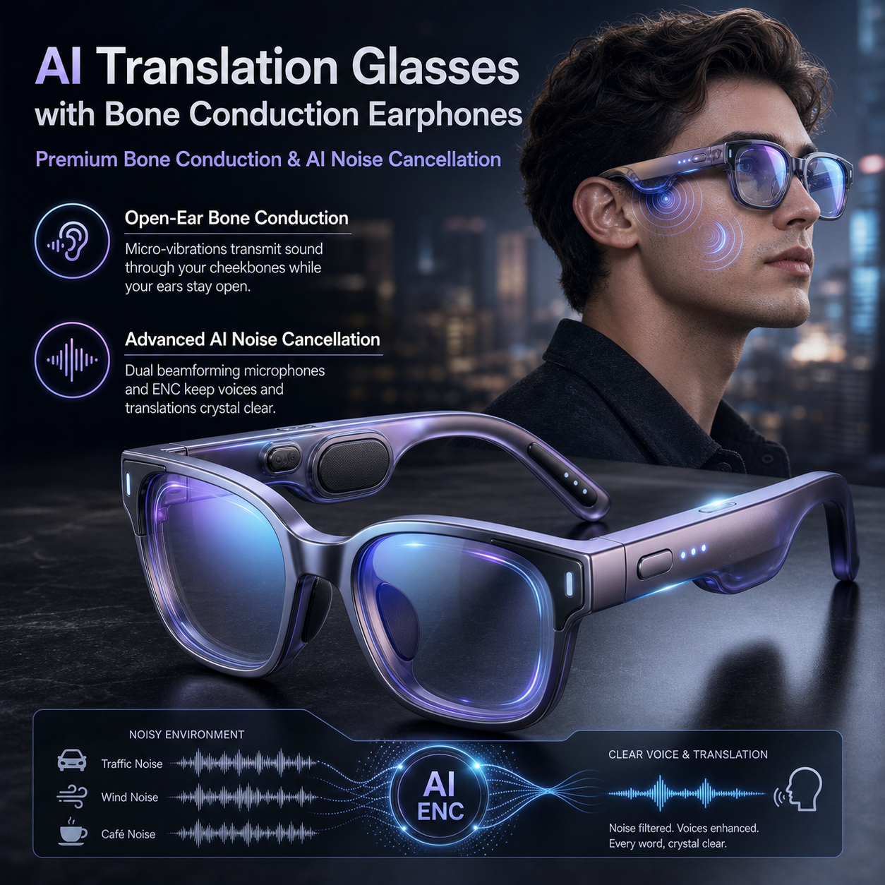 NEWVERTEX  Smart AI Translator Glasses - Real-Time Simultaneous Interpretation, Open-Ear Bone Conduction Audio