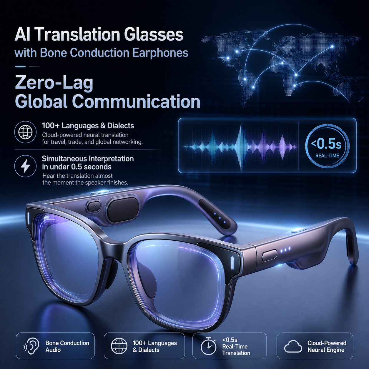 NEWVERTEX  Smart AI Translator Glasses - Real-Time Simultaneous Interpretation, Open-Ear Bone Conduction Audio