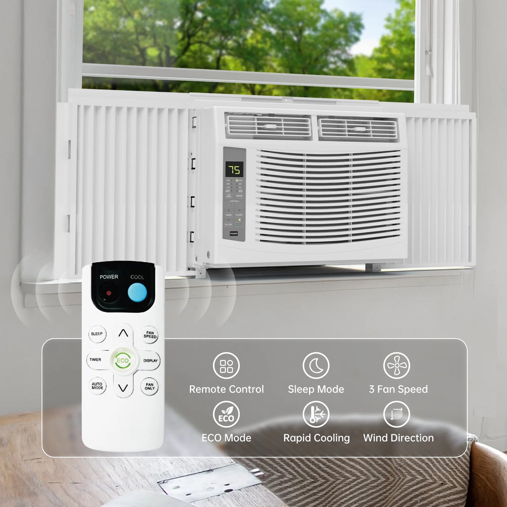 Philodeco 6000 BTU Window Air Conditioner Cool to 250 Sq Ft Intelligent, LED, Remote Control, Easy to Clean Filter