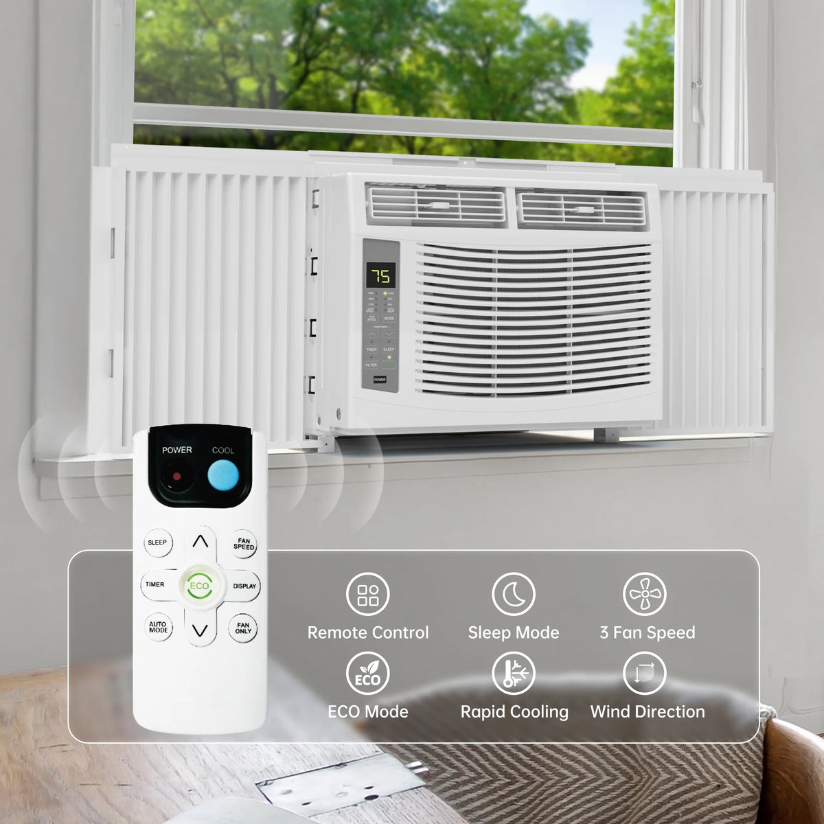 Philodeco 6000 BTU Window Air Conditioner Cool to 250 Sq Ft Intelligent, LED, Remote Control, Easy to Clean Filter