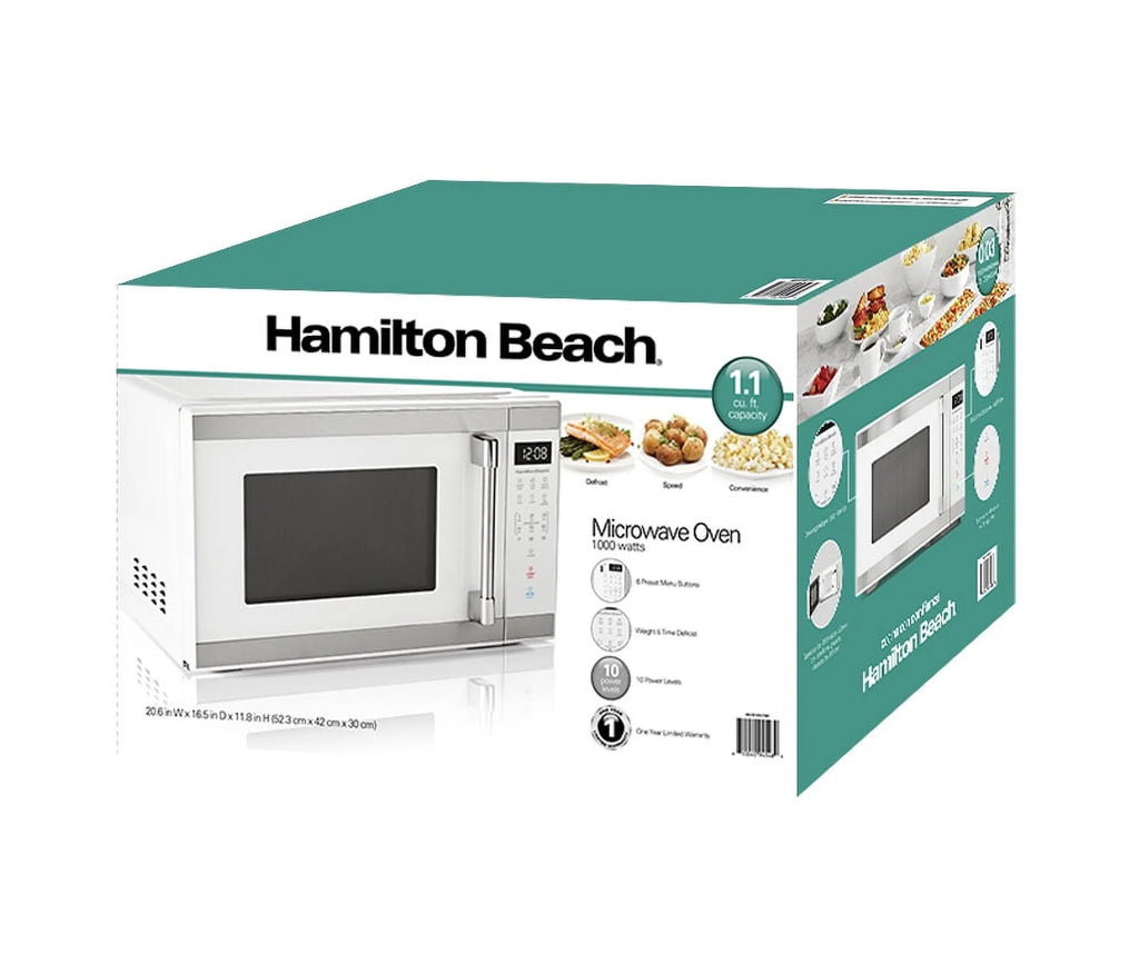 Hamilton Beach 1.1 Cu. Ft. Countertop Microwave Oven, 1000 Watts, White Stainless Steel