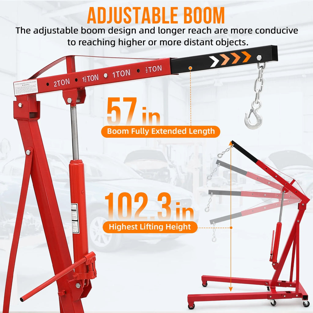 GARVEE 2 Ton Folding Hydraulic Engine Hoist with Lever, Folding Engine Shop Crane Hoist Lift, Heavy Cherry Picker