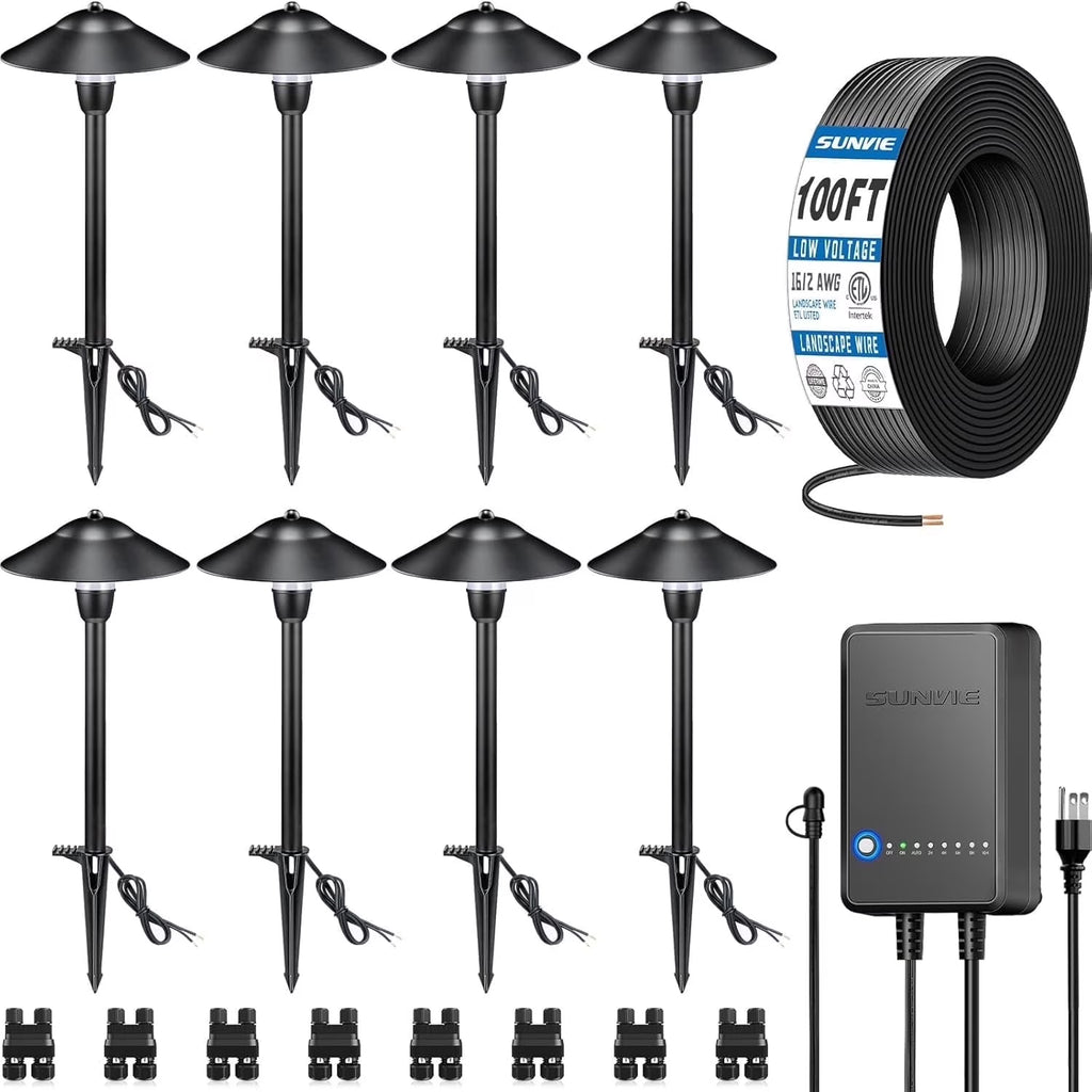 SUNVIE All - in - One Low Voltage Pathway Lighting Kit, 8 Pack LED Light with Transformer and Wire