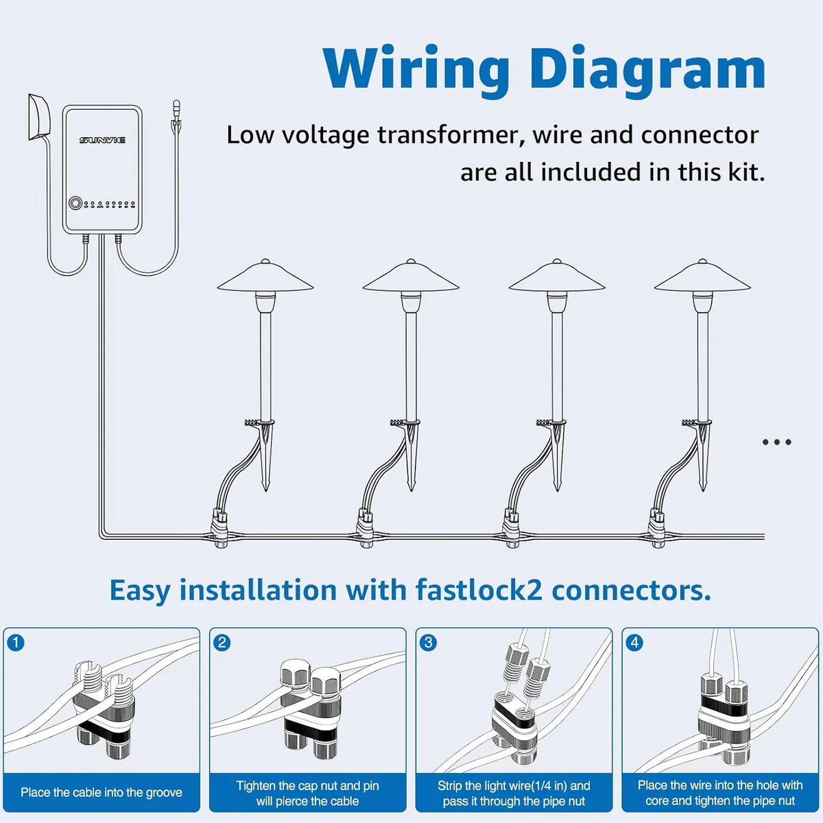 SUNVIE All - in - One Low Voltage Pathway Lighting Kit, 8 Pack LED Light with Transformer and Wire