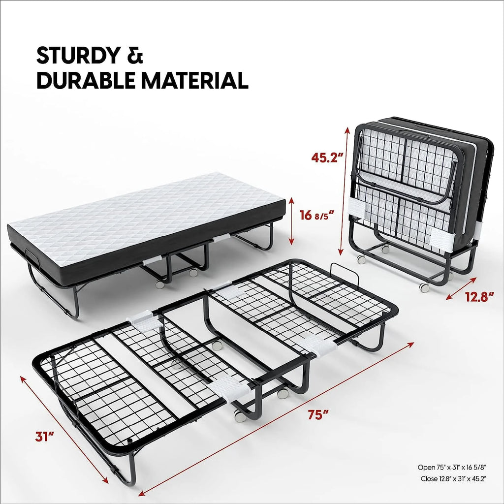 Econohome Folding Bed with Mattress - 75x31 Cot Size Bed Frame - Portable Foldable Roll Away Adult Bed for Guest - 5