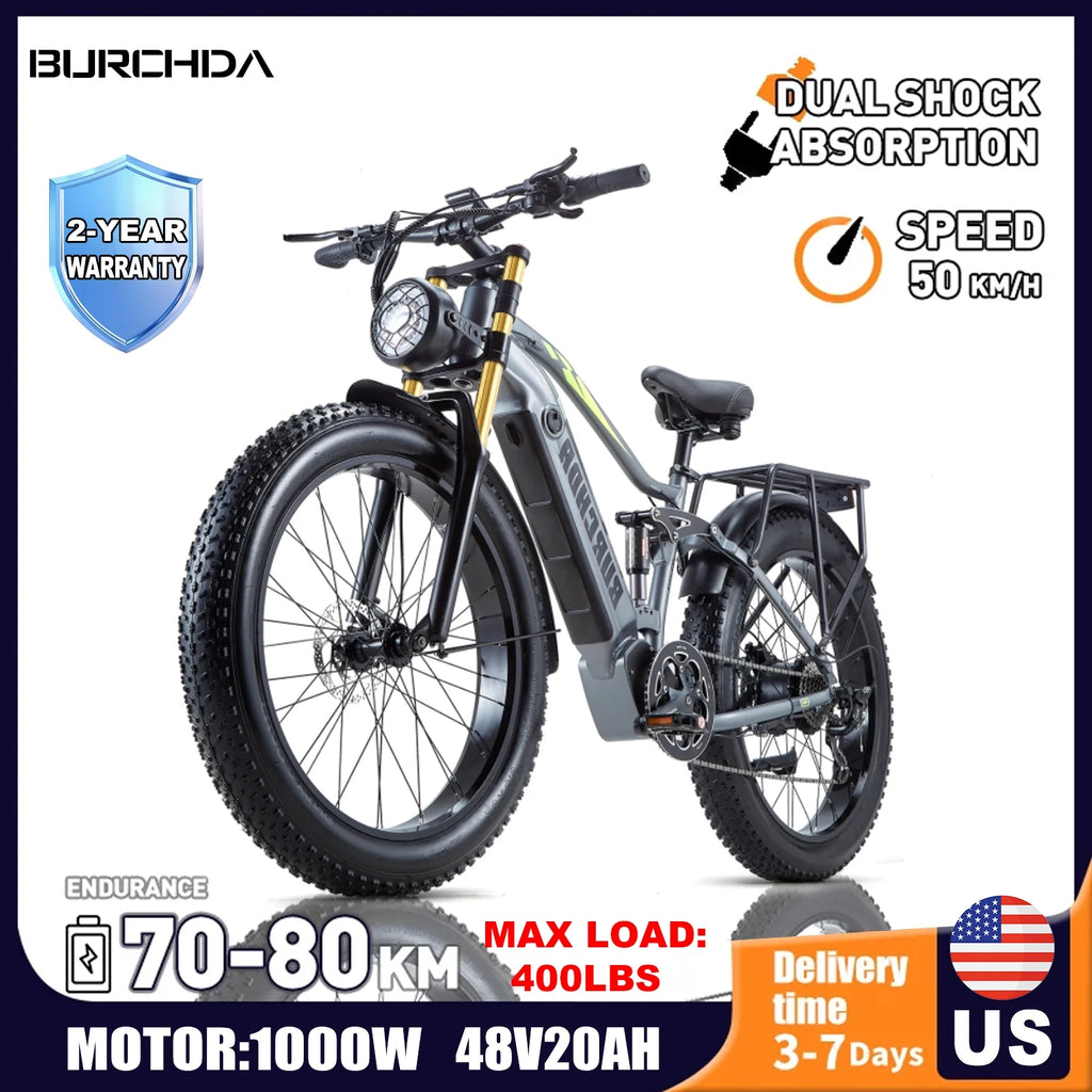 Electric Bike for Adults 26'', 1000W E - Mountain Bike 48V 30/20ah UL2849 Removable Battery, Fat Tire Ebike up to