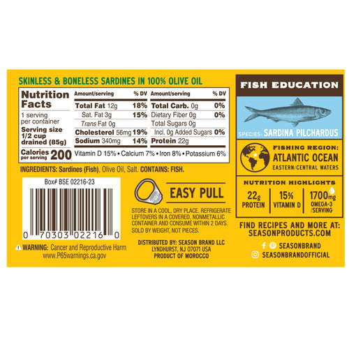 Season Sardine Fillets in 100% Olive Oil, Wild Caught, Skinless & Boneless, 4.375 oz, 6 - Count