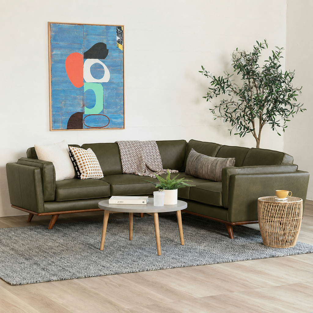 Olive Green Upholstered L Shaped Sectional Sofa with Wood Legs
