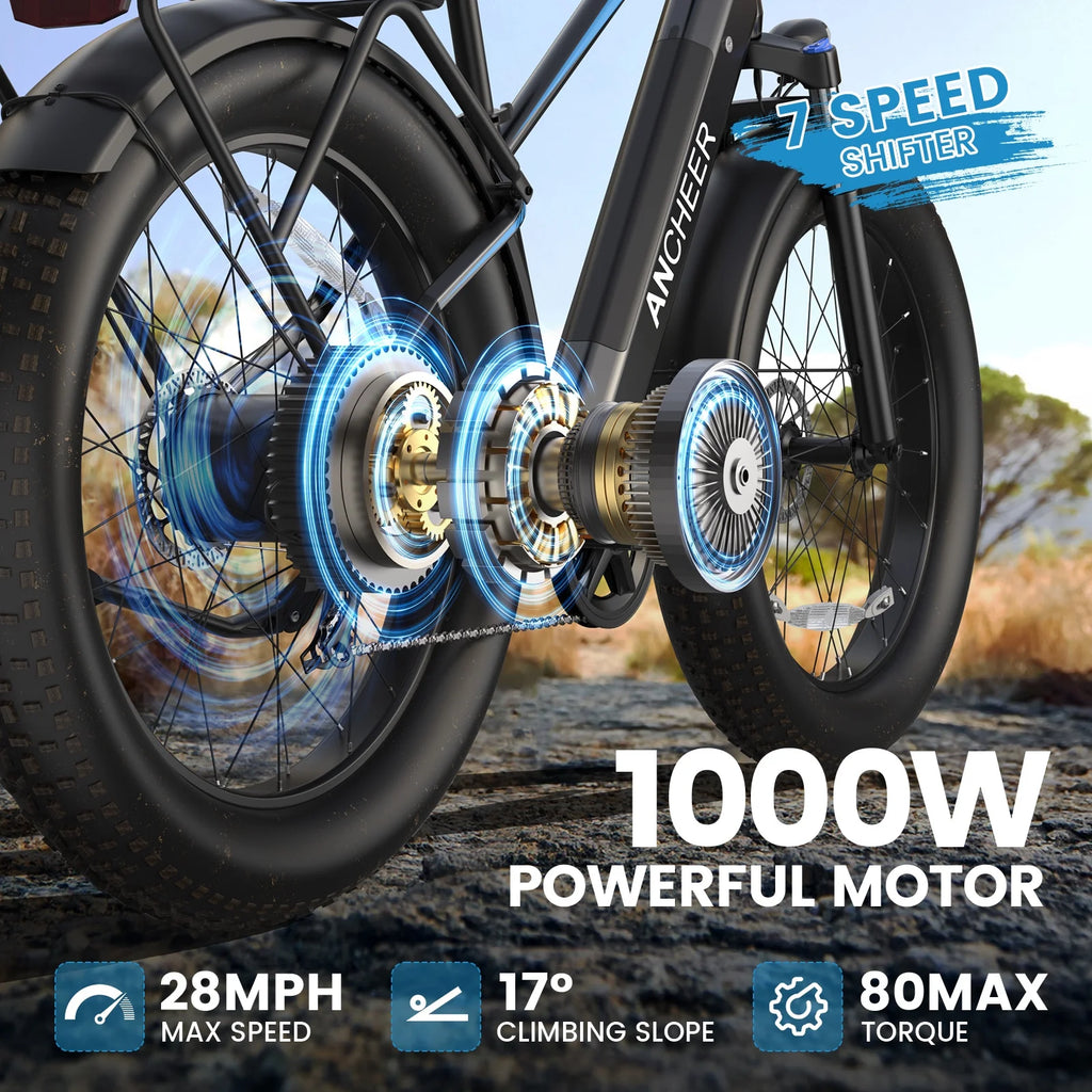 ANCHEER Electric Bike for Adults Peak 1000W Electric Bicycle 48V 15AH Battery Electric Bike 26" x 4.0" Fat Tire