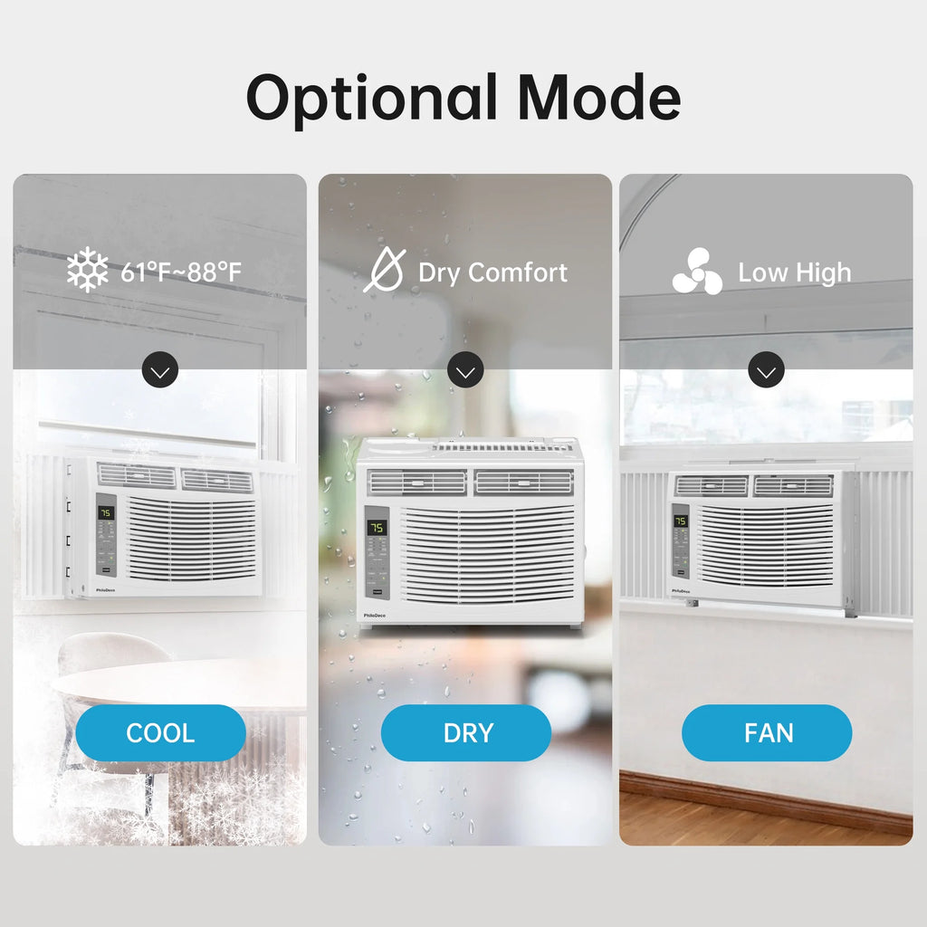 Philodeco 6000 BTU Window Air Conditioner Cool to 250 Sq Ft Intelligent, LED, Remote Control, Easy to Clean Filter