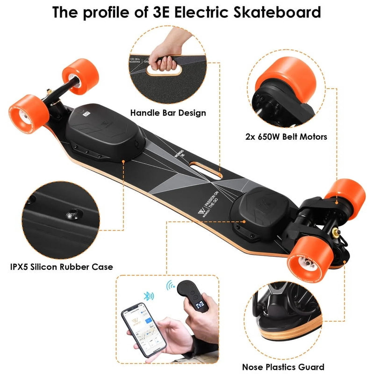 Wowgo 3E Electric Longboard Portable Lightweight E Skateboard with Dual Motors Belt, Black, 330ib