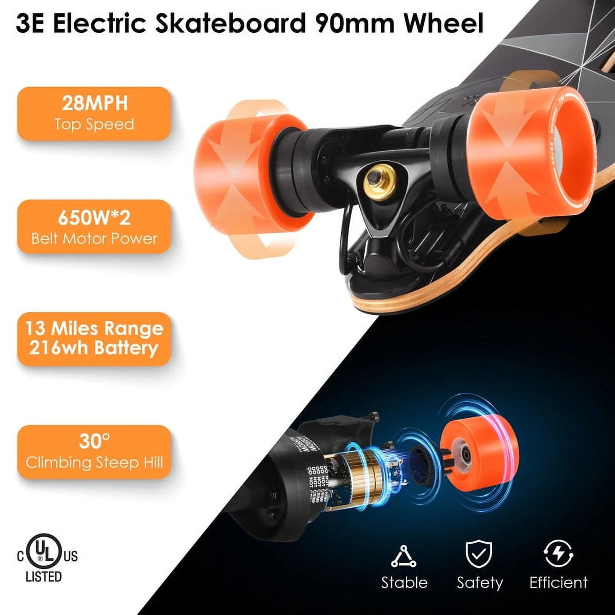 Wowgo 3E Electric Longboard Portable Lightweight E Skateboard with Dual Motors Belt, Black, 330ib
