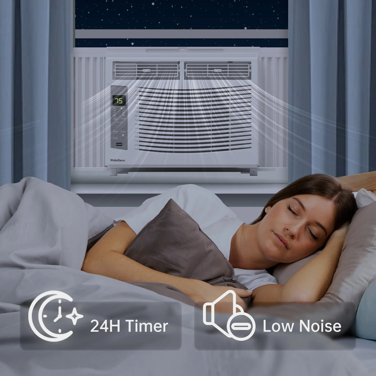 Philodeco 6000 BTU Window Air Conditioner Cool to 250 Sq Ft Intelligent, LED, Remote Control, Easy to Clean Filter