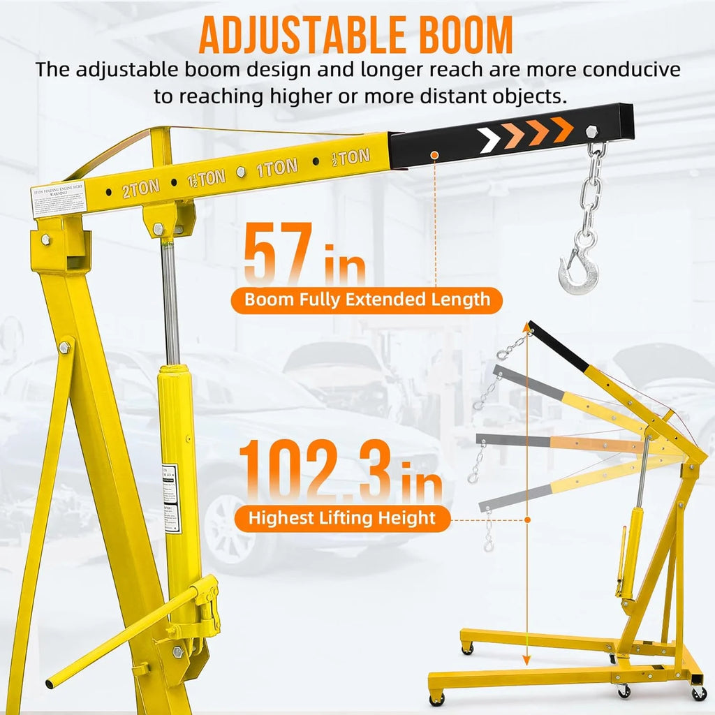 GARVEE 2 Ton Folding Hydraulic Engine Hoist with Lever, Folding Engine Shop Crane Hoist Lift, Heavy Cherry Picker