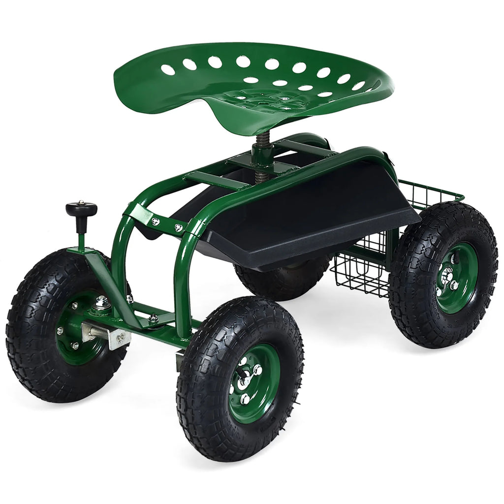 Costway Garden Cart Rolling Work Seat W/ Tool Tray Basket Green