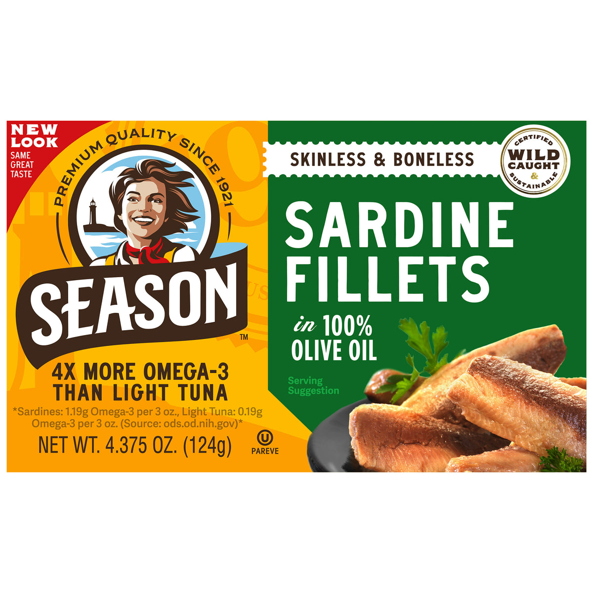 Season Sardine Fillets in 100% Olive Oil, Wild Caught, Skinless & Boneless, 4.375 oz, 6 - Count