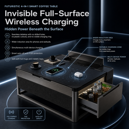 NEWVERTEX   Futuristic 4-in-1 Smart Coffee Table - 100" Projection, Integrated Refrigerator, Bluetooth Speaker, Multi-Device Wireless Charger for Modern Living Room